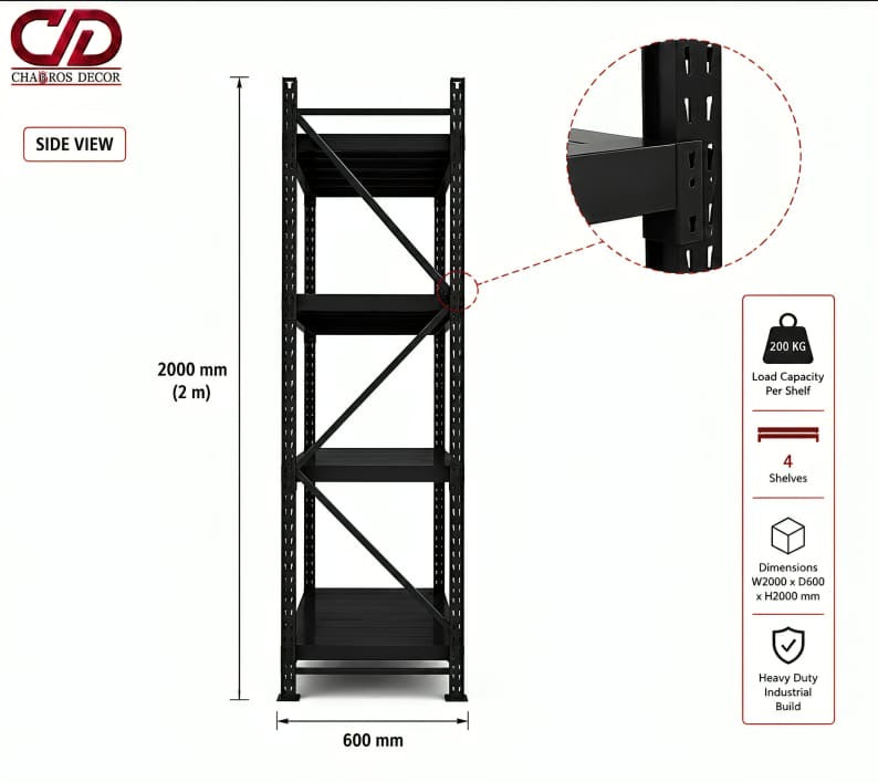 200KG STORAGE RACK FULL BLACK  (200X60X200) 4 LAYERS