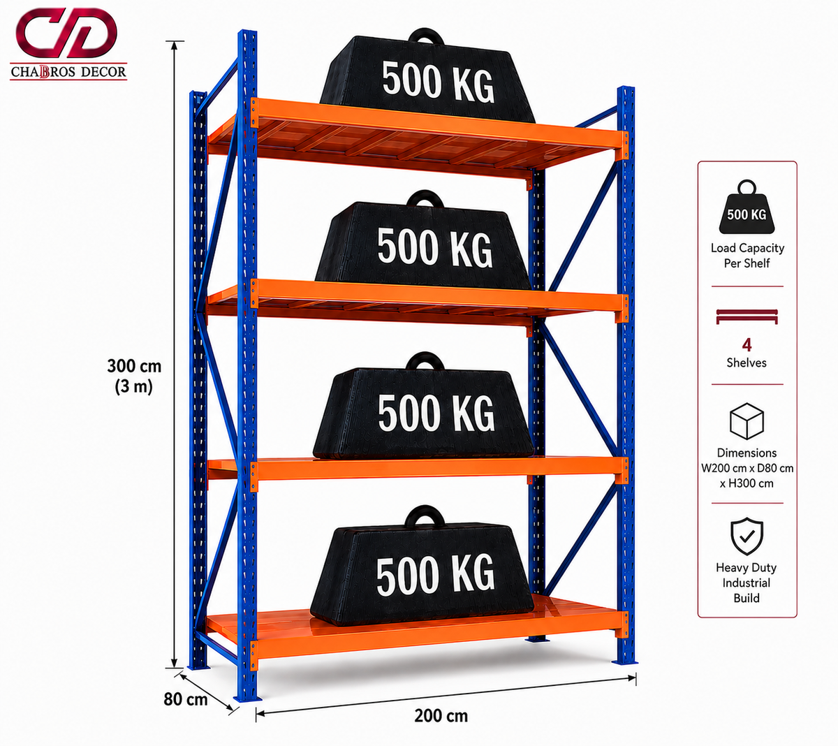 500KG STORAGE RACK BLUE AND ORANGE (300X80X200)  4 LAYERS
