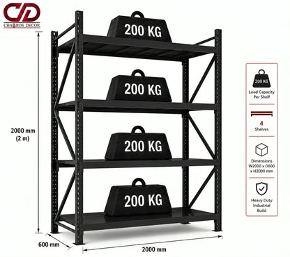 200KG STORAGE RACK FULL BLACK  (200X60X200) 4 LAYERS