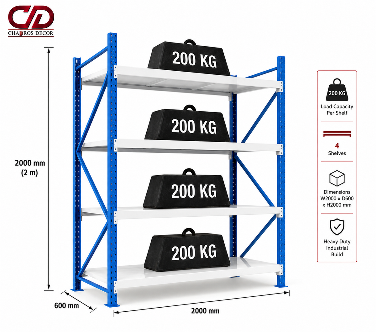200KG STORAGE RACK BLUE & WHITE (200X60X200) 4 LAYERS